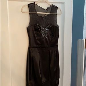 Black satin mini dress with beaded details